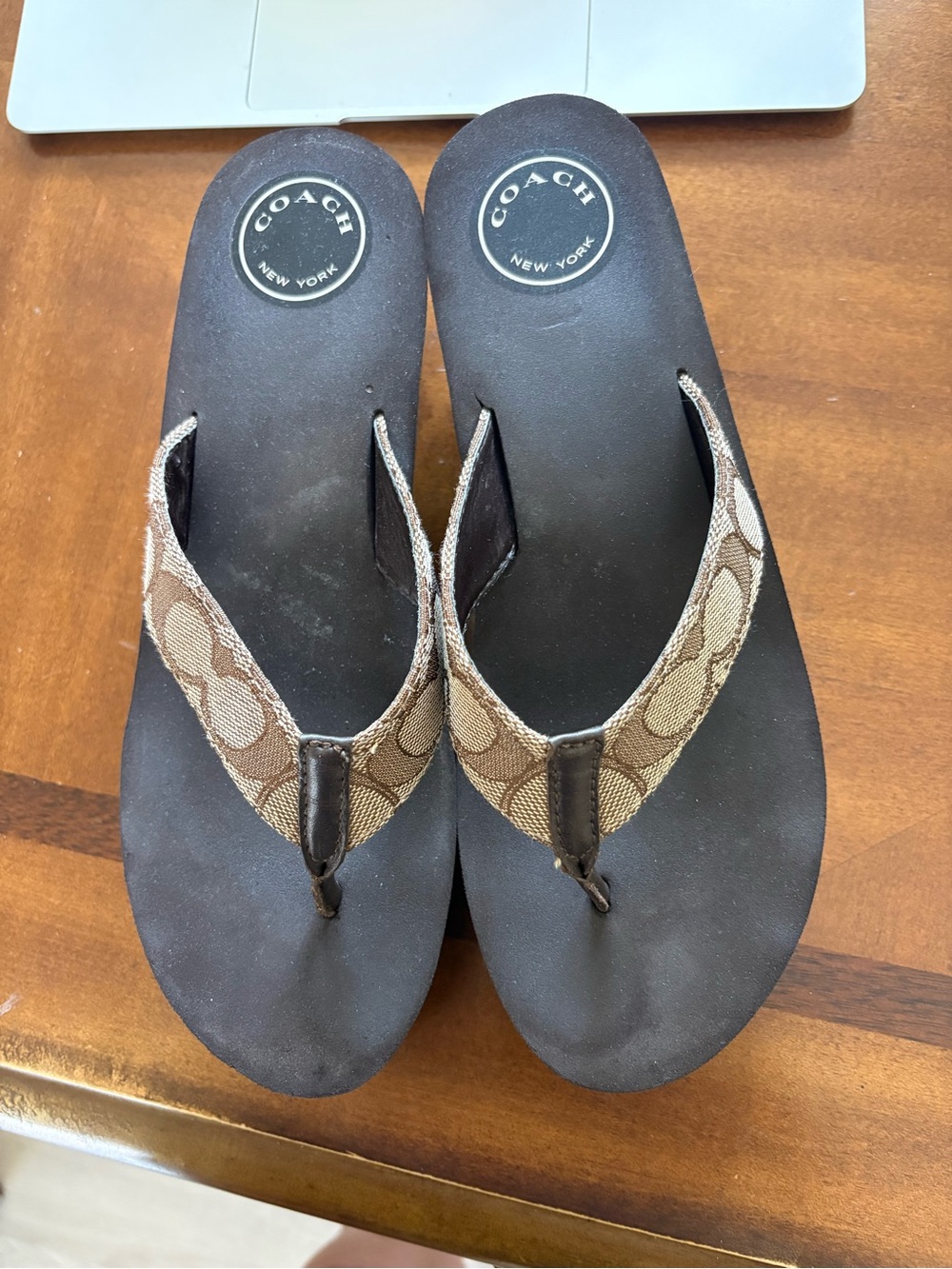 Coach Brown Signature Canvas Thong Sandals with Black Footbed